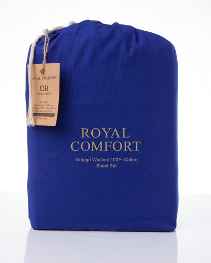 Royal Comfort Vintage Washed 100 % Cotton Sheet Set Double - Royal Blue-1951134887813713927