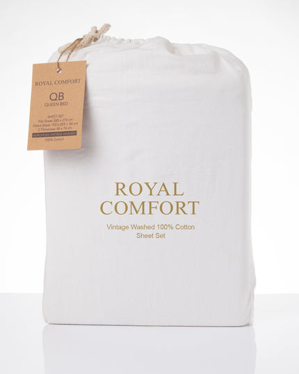 Royal Comfort Vintage Washed 100% Cotton Sheet Set King - White-1951134889655013383