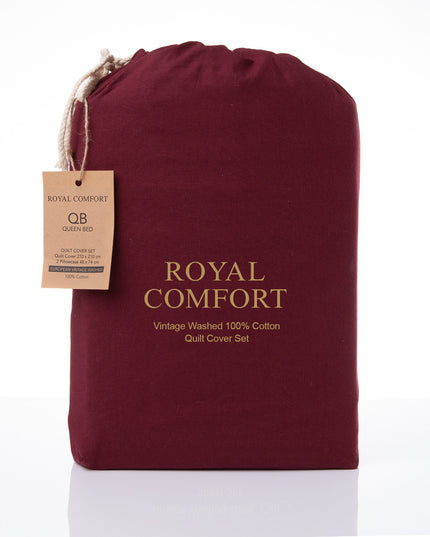 Royal Comfort Vintage Washed 100 % Cotton Quilt Cover Set Single - Mulled Wine-1951134831647789058