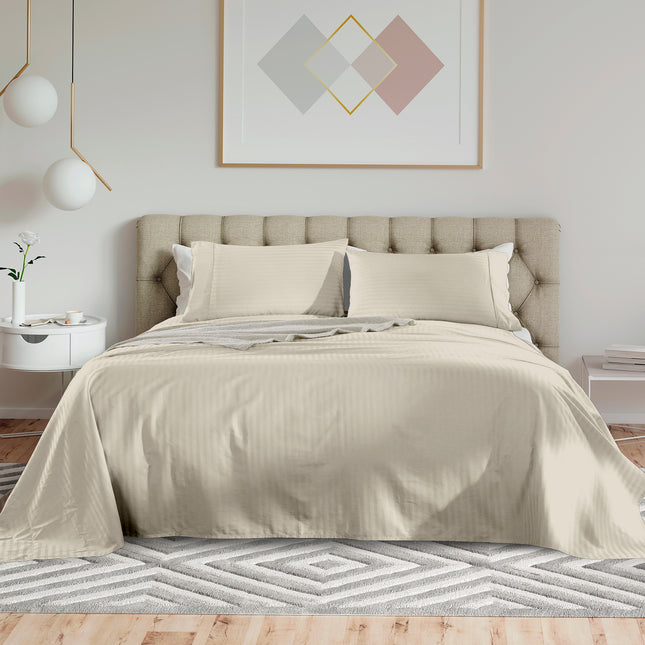 KENSINGTON 1200TC COTTON SHEET SET IN STRIPE-QUEEN -  SAND-1951134850446659584