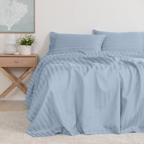 KENSINGTON 1200TC COTTON SHEET SET IN STRIPE-KING - CHAMBRAY (BLUE)-1951134851730116609