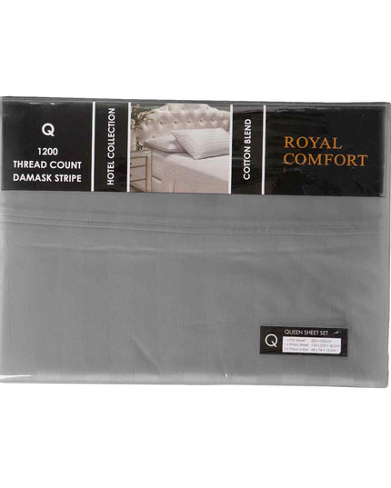 Royal Comfort 1200 Thread count Damask Stripe Cotton Blend sheet sets Queen Charcoal Grey-1951134866577952770