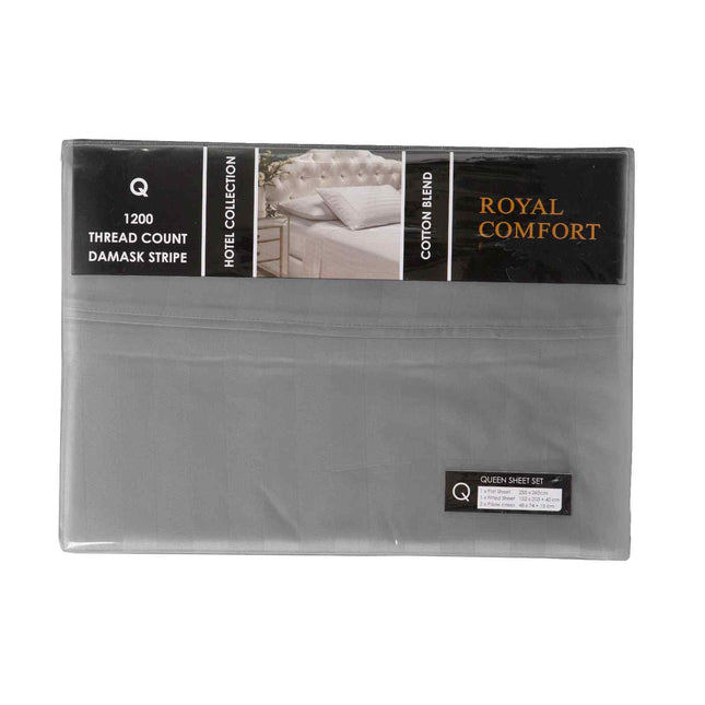 Royal Comfort 1200 Thread count Damask Stripe Cotton Blend sheet sets Queen Charcoal Grey-1951134866577952770