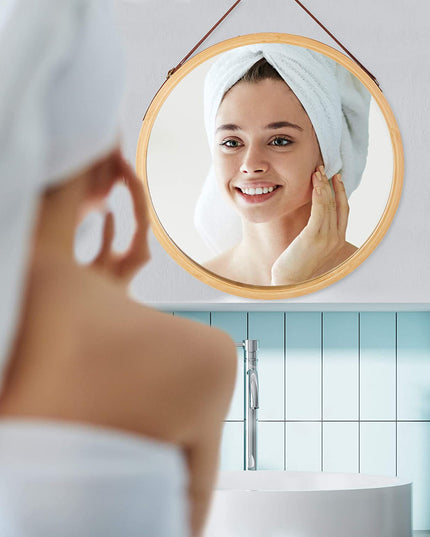 CARLA HOME Hanging Wall Mirror 38cm - Solid Bamboo Frame and Adjustable Leather Strap for Bathroom and Bedroom, Vanity Mirror, Makeup Mirror, Face Mirrors, Wall Shelf Mirror (Round 38 cm)-1992735290560745481