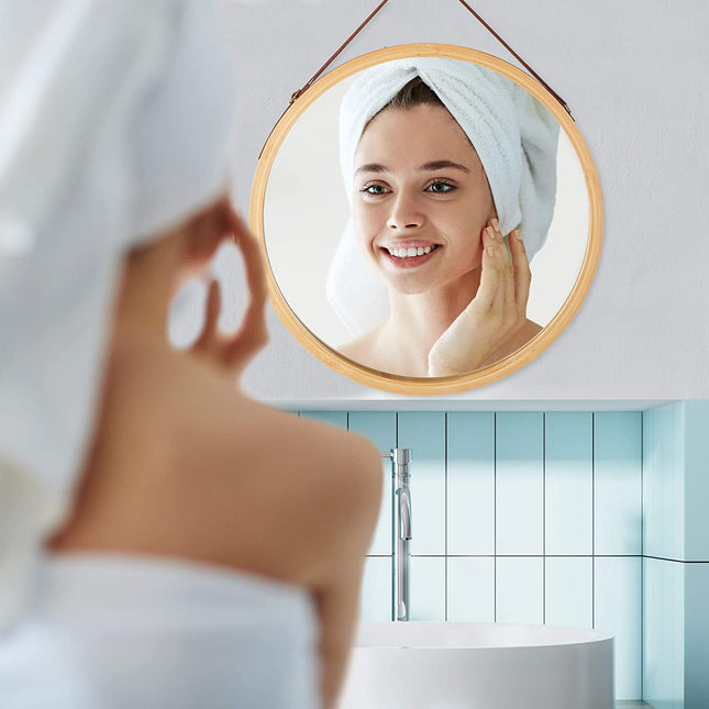 CARLA HOME Hanging Wall Mirror 38cm - Solid Bamboo Frame and Adjustable Leather Strap for Bathroom and Bedroom, Vanity Mirror, Makeup Mirror, Face Mirrors, Wall Shelf Mirror (Round 38 cm)-1992735290560745481
