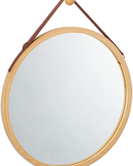 CARLA HOME Hanging Wall Mirror 38cm - Solid Bamboo Frame and Adjustable Leather Strap for Bathroom and Bedroom, Vanity Mirror, Makeup Mirror, Face Mirrors, Wall Shelf Mirror (Round 38 cm)-1992735290560745472