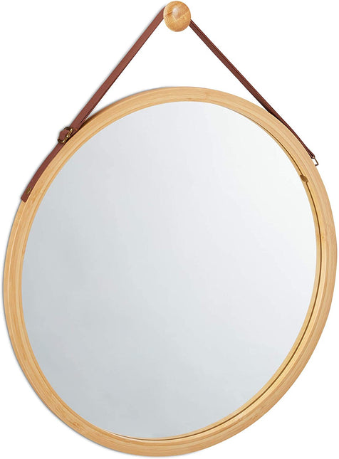 CARLA HOME Hanging Wall Mirror 38cm - Solid Bamboo Frame and Adjustable Leather Strap for Bathroom and Bedroom, Vanity Mirror, Makeup Mirror, Face Mirrors, Wall Shelf Mirror (Round 38 cm)-1992735290560745472