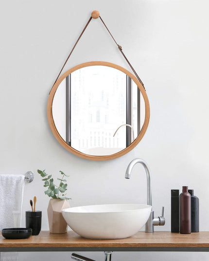 CARLA HOME Hanging Wall Mirror 38cm - Solid Bamboo Frame and Adjustable Leather Strap for Bathroom and Bedroom, Vanity Mirror, Makeup Mirror, Face Mirrors, Wall Shelf Mirror (Round 38 cm)-1992735290560745473