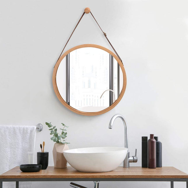CARLA HOME Hanging Wall Mirror 38cm - Solid Bamboo Frame and Adjustable Leather Strap for Bathroom and Bedroom, Vanity Mirror, Makeup Mirror, Face Mirrors, Wall Shelf Mirror (Round 38 cm)-1992735290560745473