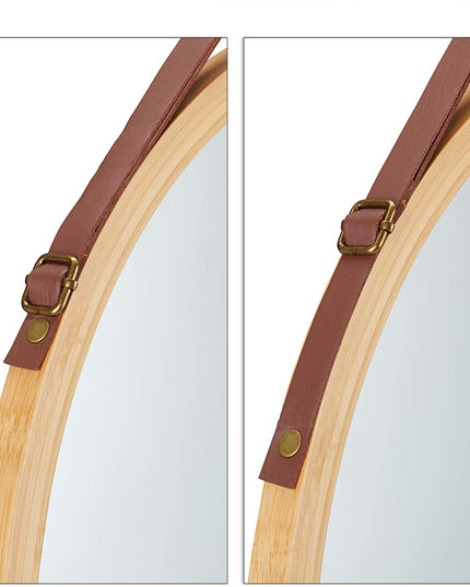 CARLA HOME Hanging Wall Mirror 38cm - Solid Bamboo Frame and Adjustable Leather Strap for Bathroom and Bedroom, Vanity Mirror, Makeup Mirror, Face Mirrors, Wall Shelf Mirror (Round 38 cm)-1992735290560745475
