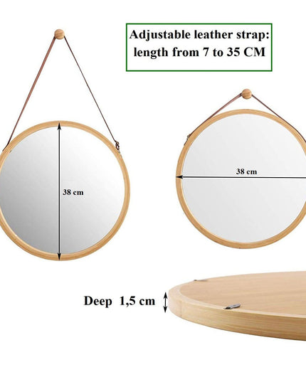 CARLA HOME Hanging Wall Mirror 38cm - Solid Bamboo Frame and Adjustable Leather Strap for Bathroom and Bedroom, Vanity Mirror, Makeup Mirror, Face Mirrors, Wall Shelf Mirror (Round 38 cm)-1992735290560745478