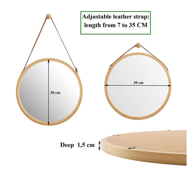 CARLA HOME Hanging Wall Mirror 38cm - Solid Bamboo Frame and Adjustable Leather Strap for Bathroom and Bedroom, Vanity Mirror, Makeup Mirror, Face Mirrors, Wall Shelf Mirror (Round 38 cm)-1992735290560745478