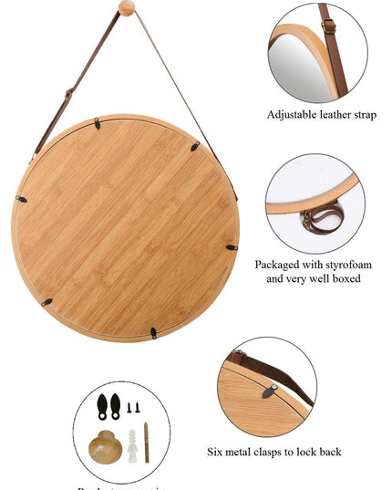 CARLA HOME Hanging Wall Mirror 38cm - Solid Bamboo Frame and Adjustable Leather Strap for Bathroom and Bedroom, Vanity Mirror, Makeup Mirror, Face Mirrors, Wall Shelf Mirror (Round 38 cm)-1992735290560745479