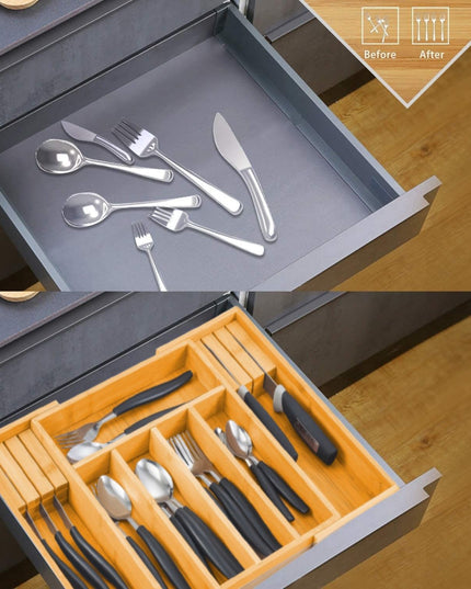 CARLA HOME Large Capacity Bamboo Expandable Drawer Organizer with Knife Block Holder for Home Kitchen Utensils-1992735295698767874