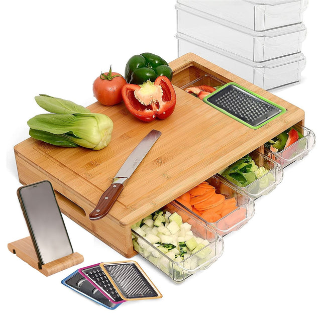CARLA HOME Large Bamboo Cutting Board and 4 Containers with Mobile Holder gift included for Home Kitchen-1992735302862639104