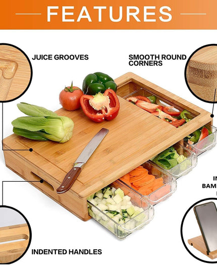 CARLA HOME Large Bamboo Cutting Board and 4 Containers with Mobile Holder gift included for Home Kitchen-1992735302862639105