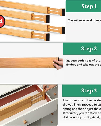 CARLA HOME  4 Pack Bamboo Adjustable Kitchen Drawer Dividers (Large, 44-55 cm)-1978962236802207751