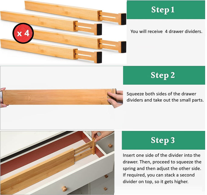 CARLA HOME  4 Pack Bamboo Adjustable Kitchen Drawer Dividers (Large, 44-55 cm)-1978962236802207751