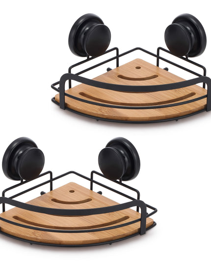 CARLA HOME  2 Pack Round Bamboo Corner Shower Caddy Shelf Basket Rack with Premium Vacuum Suction Cup No-Drilling for Bathroom and Kitchen-1992735302111858688