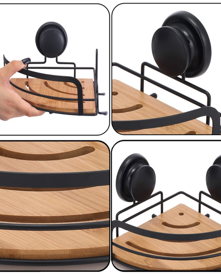 CARLA HOME  2 Pack Round Bamboo Corner Shower Caddy Shelf Basket Rack with Premium Vacuum Suction Cup No-Drilling for Bathroom and Kitchen-1992735302111858693