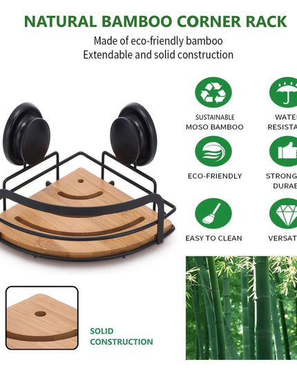 CARLA HOME  2 Pack Round Bamboo Corner Shower Caddy Shelf Basket Rack with Premium Vacuum Suction Cup No-Drilling for Bathroom and Kitchen-1992735302111858694