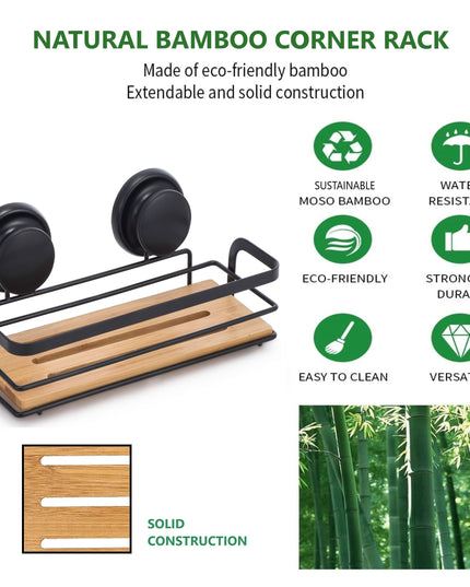 CARLA HOME  2 Pack Rectangular Bamboo Corner Shower Caddy Shelf Basket Rack with Premium Vacuum Suction Cup No-Drilling for Bathroom and Kitchen-1992735301767925766