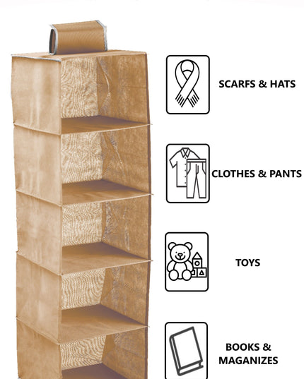 CARLA HOME  5 Tier Shelf Hanging Closet Organizer and Storage for Clothes (Beige)-1992735280918040577