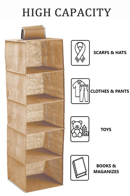 CARLA HOME  5 Tier Shelf Hanging Closet Organizer and Storage for Clothes (Beige)-1992735280918040577
