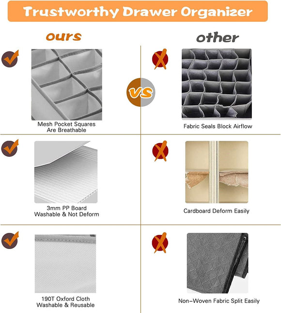 CARLA HOME Set of 2 Fabric Drawer Organizer Divider Storage Boxes for Storing Socks, Underwear, Ties, Scarves (Grey)-1978962239570448392