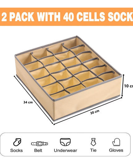CARLA HOME Set of 2 Fabric Drawer Organizer Divider Storage Boxes for Storing Socks, Underwear, Ties, Scarves (Beige)-1978962239771774977