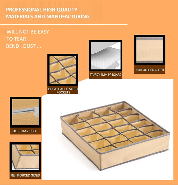 CARLA HOME Set of 2 Fabric Drawer Organizer Divider Storage Boxes for Storing Socks, Underwear, Ties, Scarves (Beige)-1978962239771774983