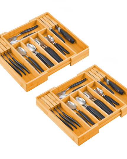 2 Pack Large Capacity Bamboo Expandable Drawer Organizer with Knife Block Holder for Home Kitchen Utensils-1978962241122340864