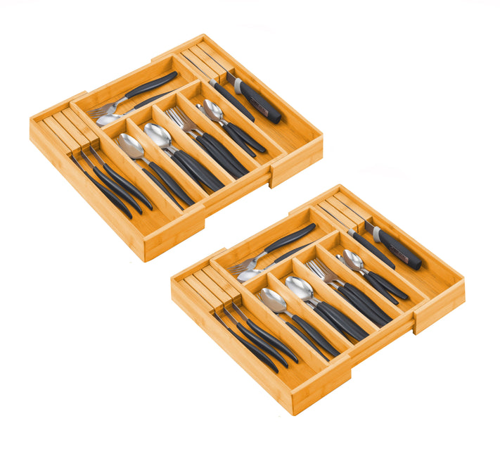 2 Pack Large Capacity Bamboo Expandable Drawer Organizer with Knife Block Holder for Home Kitchen Utensils-1978962241122340864