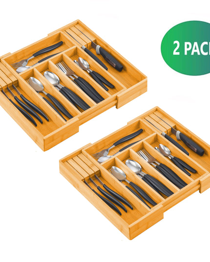 2 Pack Large Capacity Bamboo Expandable Drawer Organizer with Knife Block Holder for Home Kitchen Utensils-1978962241122340865
