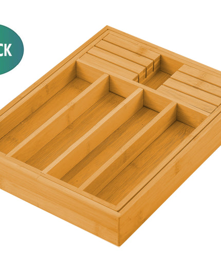 2 Pack Large Capacity Bamboo Expandable Drawer Organizer with Knife Block Holder for Home Kitchen Utensils-1978962241122340868