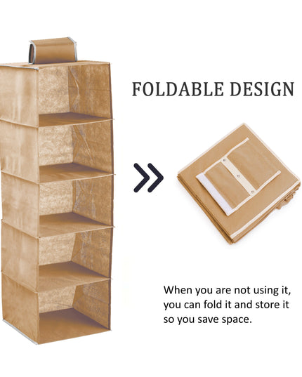3 Pack 5-Tier Shelf Hanging Closet Organizer and Storage for Clothes (Beige)-1978962242703593476