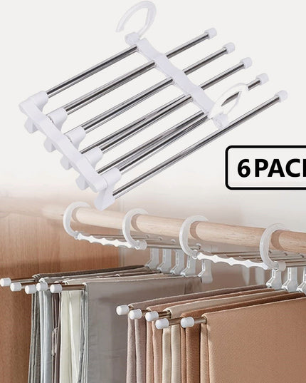 6 Pack Stainless Steel Adjustable 5 in 1 Pants Hangers Non-Slip Space Saving for Home Storage-1978962243513094145