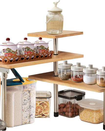 3 Tier Corner Shelf Kitchen Spice Rack Organiser with Hooks for Home Storage & Organisation, Adjustable Bamboo Wall Shelf for Pantry Organiser, Freestanding Spice Jars Storage Rack for Kitchen Storage & Organisation-1992735302694866944