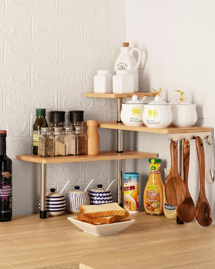 CARLA HOME 3-Tier Bamboo Corner Shelf Spice Rack with Hooks