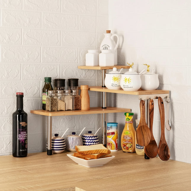 CARLA HOME 3-Tier Bamboo Corner Shelf Spice Rack with Hooks