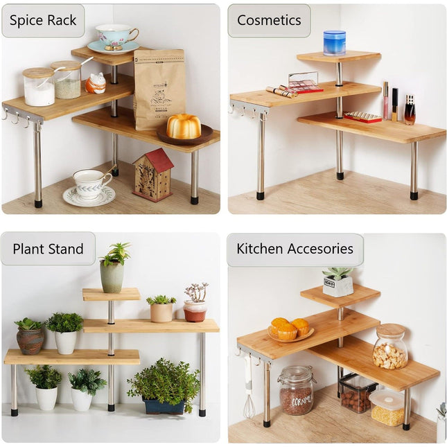 3 Tier Corner Shelf Kitchen Spice Rack Organiser with Hooks for Home Storage & Organisation, Adjustable Bamboo Wall Shelf for Pantry Organiser, Freestanding Spice Jars Storage Rack for Kitchen Storage & Organisation-1992735302694866947