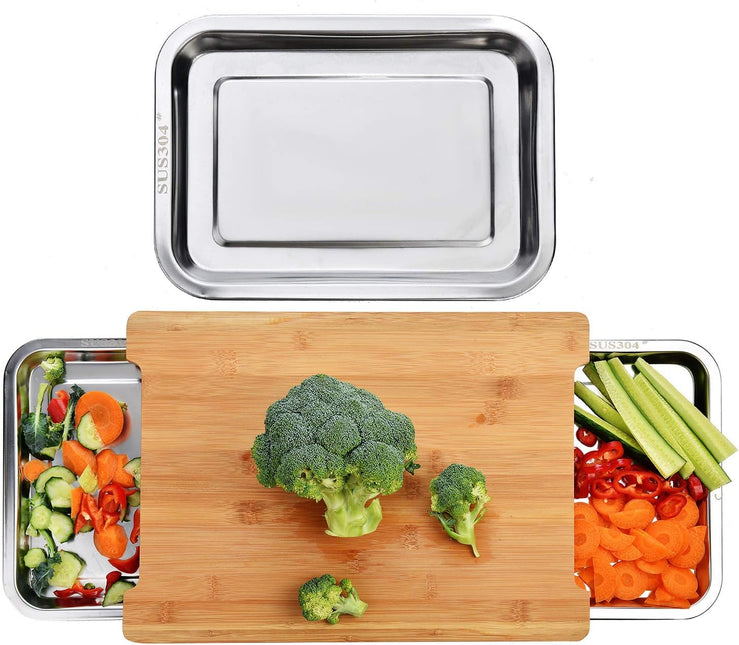 CARLA HOME Chopping Board with with 2 Organiser Stainless Steel Trays Containers-1992735287557623808
