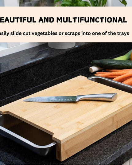 CARLA HOME Chopping Board with with 2 Organiser Stainless Steel Trays Containers-1992735287557623812