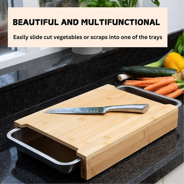CARLA HOME Chopping Board with with 2 Organiser Stainless Steel Trays Containers-1992735287557623812