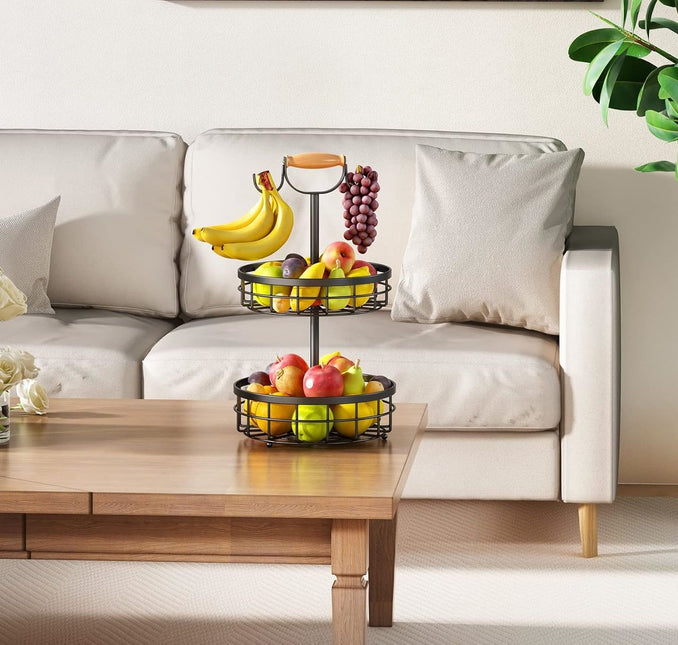 CARLA HOME 2-Tier Fruit Basket Bowl Storage with Wood Lift Handle and Dual Banana Tree Hanger for Kitchen Countertop-1992735292842446849