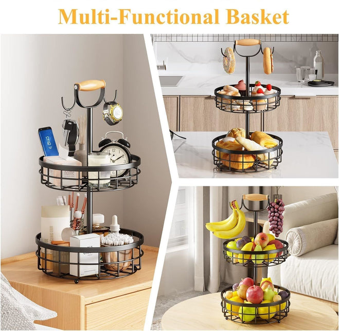 CARLA HOME 2-Tier Fruit Basket Bowl Storage with Wood Lift Handle and Dual Banana Tree Hanger for Kitchen Countertop-1992735292842446852