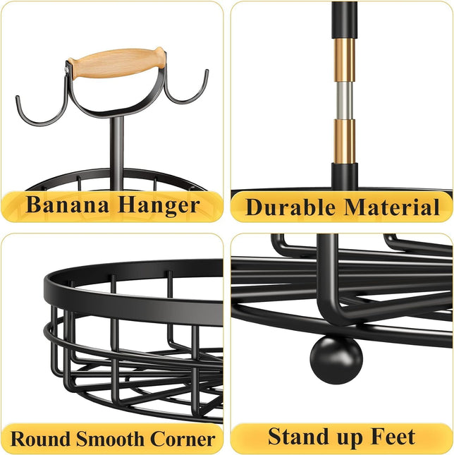 CARLA HOME 2-Tier Fruit Basket Bowl Storage with Wood Lift Handle and Dual Banana Tree Hanger for Kitchen Countertop-1992735292842446854