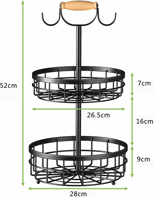 CARLA HOME 2-Tier Fruit Basket Bowl Storage with Wood Lift Handle and Dual Banana Tree Hanger for Kitchen Countertop-1992735292842446855
