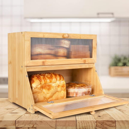 CARLA HOME Double Layer Bamboo Bread Box for Kitchen Counter with Large Capacity and Clear Window-1992735293874245633