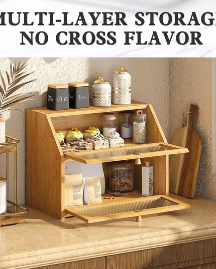 CARLA HOME Double Layer Bamboo Bread Box for Kitchen Counter with Large Capacity and Clear Window-1992735293874245634